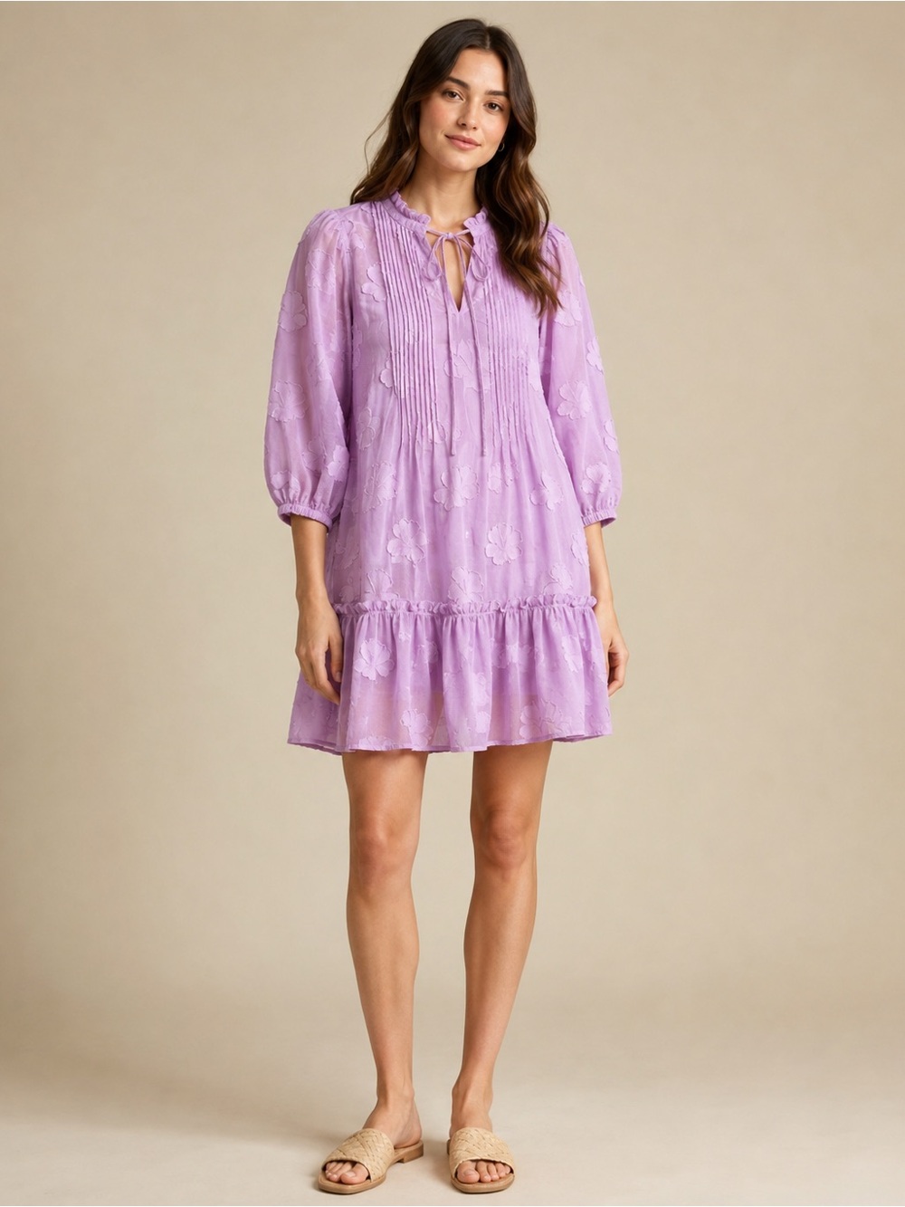 Sundance Lilac Pintuck Tie-Neck Tiered Mini Dress